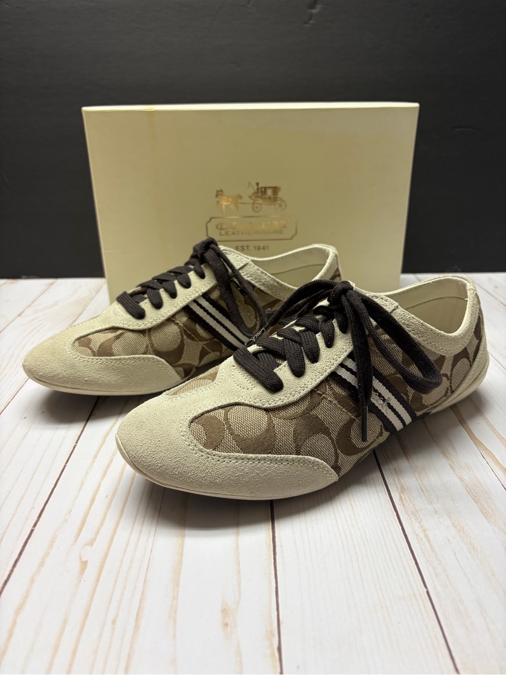 Coach Beyla Tan and Brown Signature Canvas & Suede Sneakers Size 7.5 - VINTAGE